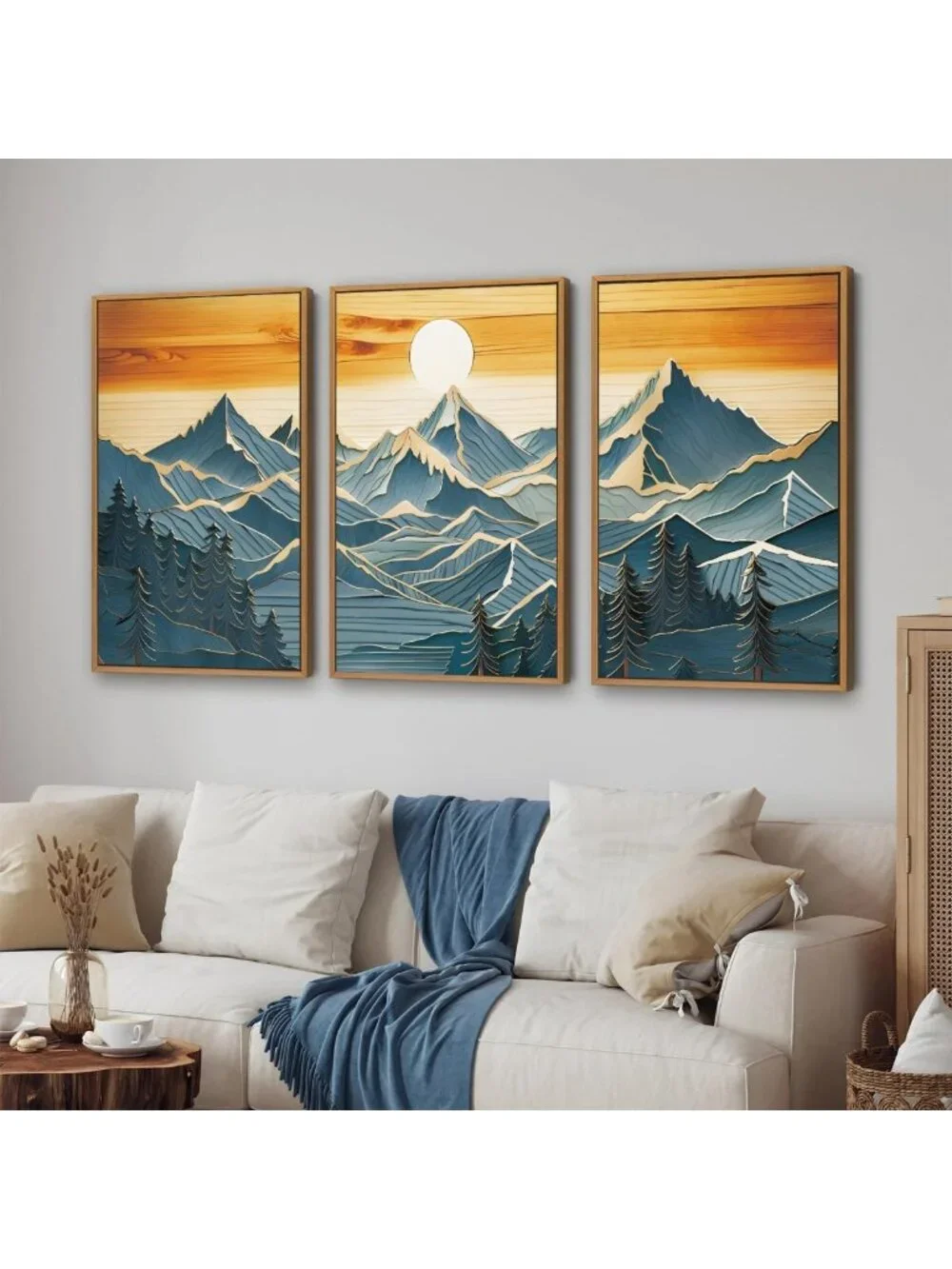 Large Framed Canvas Wall Art Set of 3 - Boho Nature & Sunset Landscape Decor